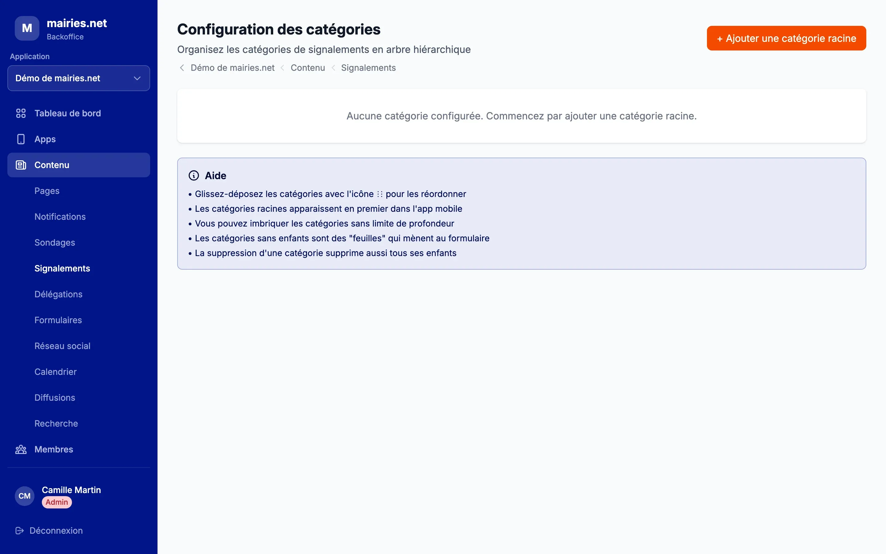 Catégories et configuration