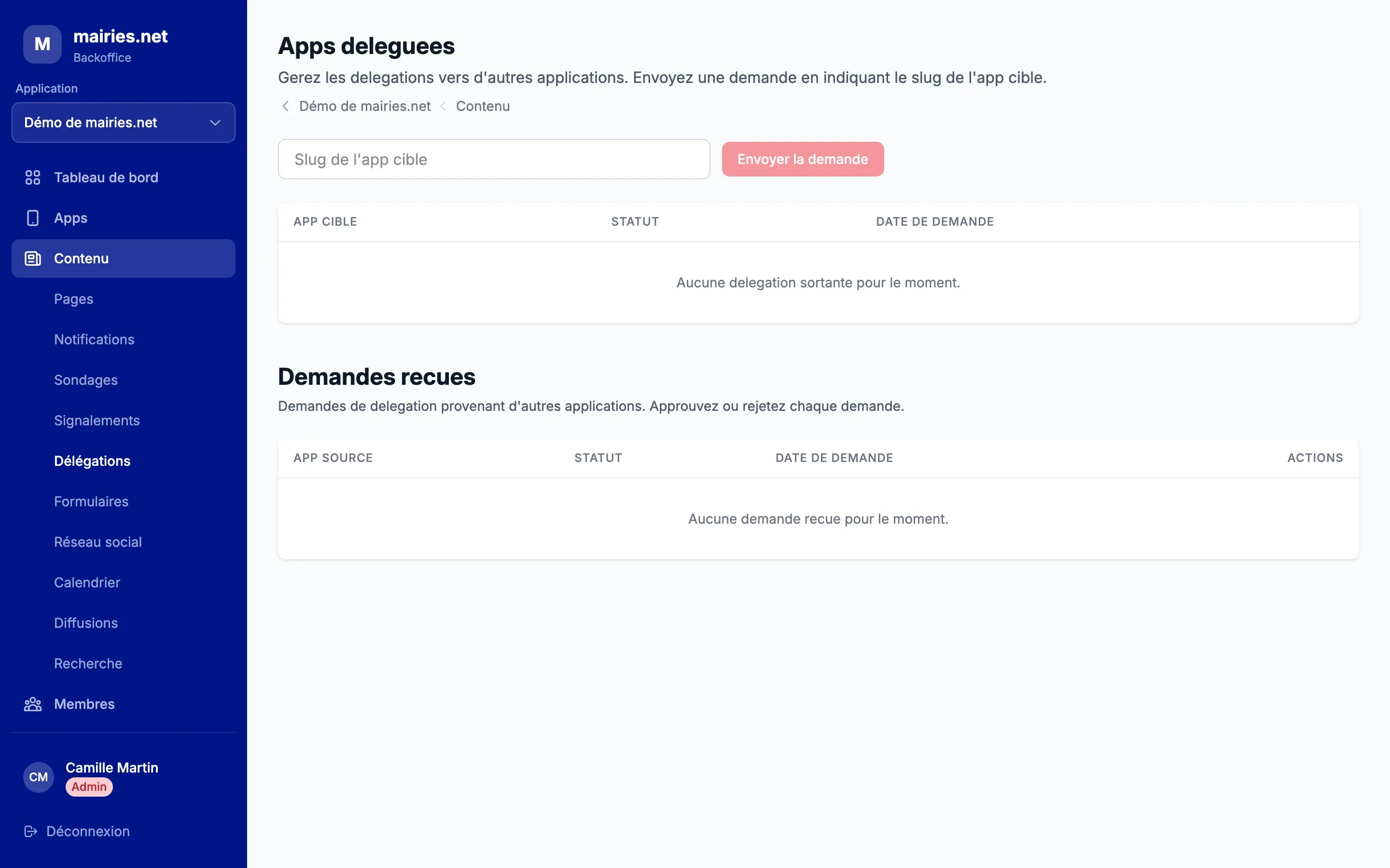 La page Apps déléguées, avec le champ Slug de l’app cible, la liste des délégations sortantes et celle des demandes reçues