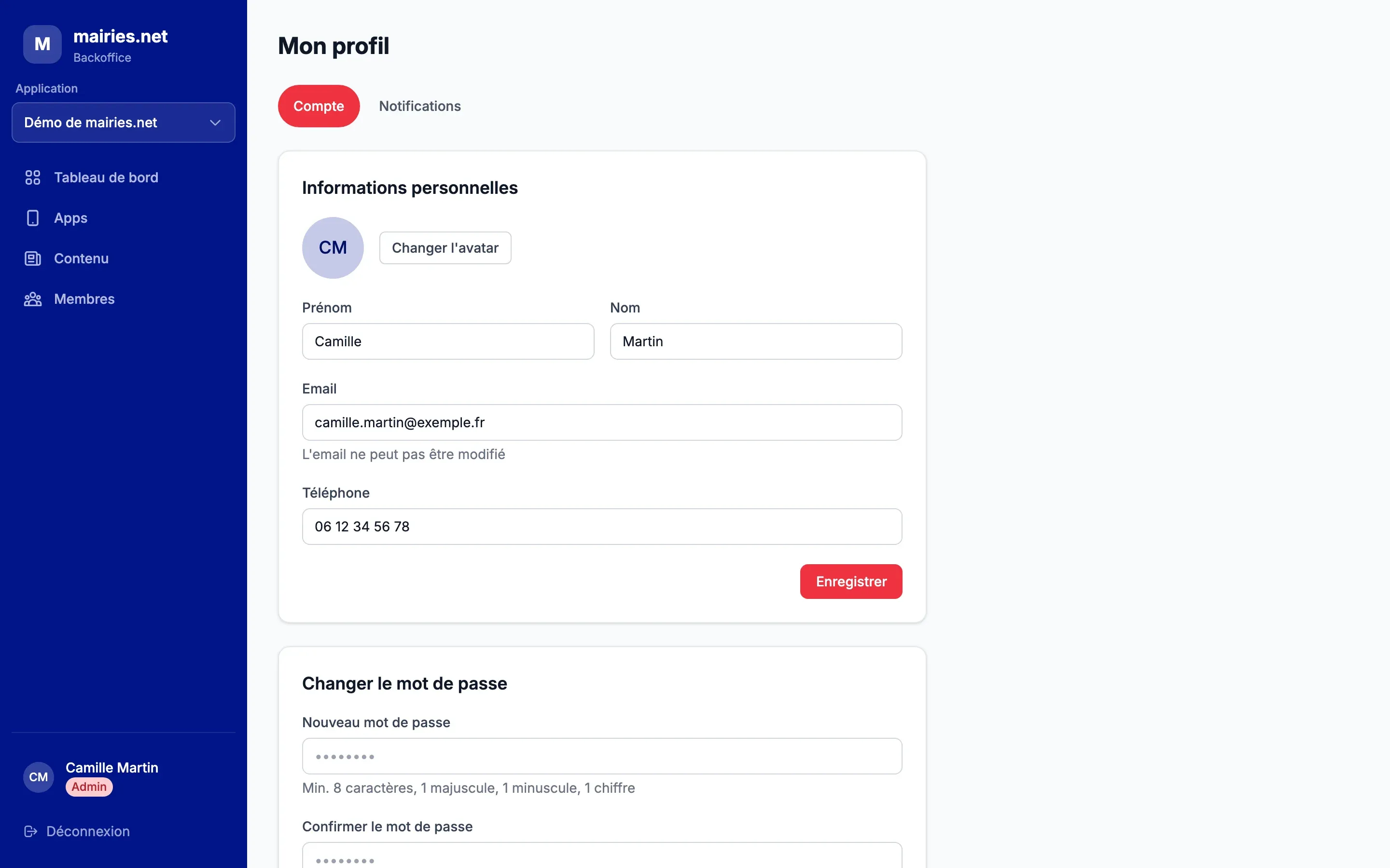 L’onglet « Compte » de « Mon profil » avec l’avatar, le prénom, le nom, l’e-mail et le téléphone