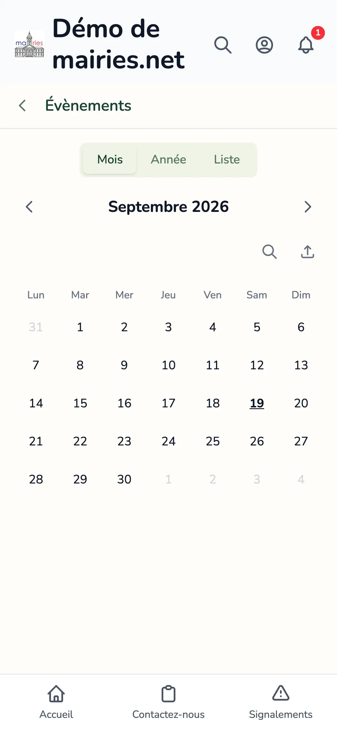 L’agenda d’une commune, affiché mois par mois, avec les boutons « Mois », « Année » et « Liste »