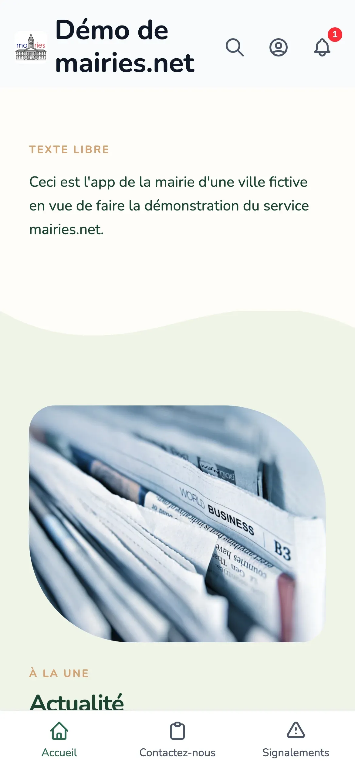 La page d’accueil de l’application d’une commune, sur téléphone