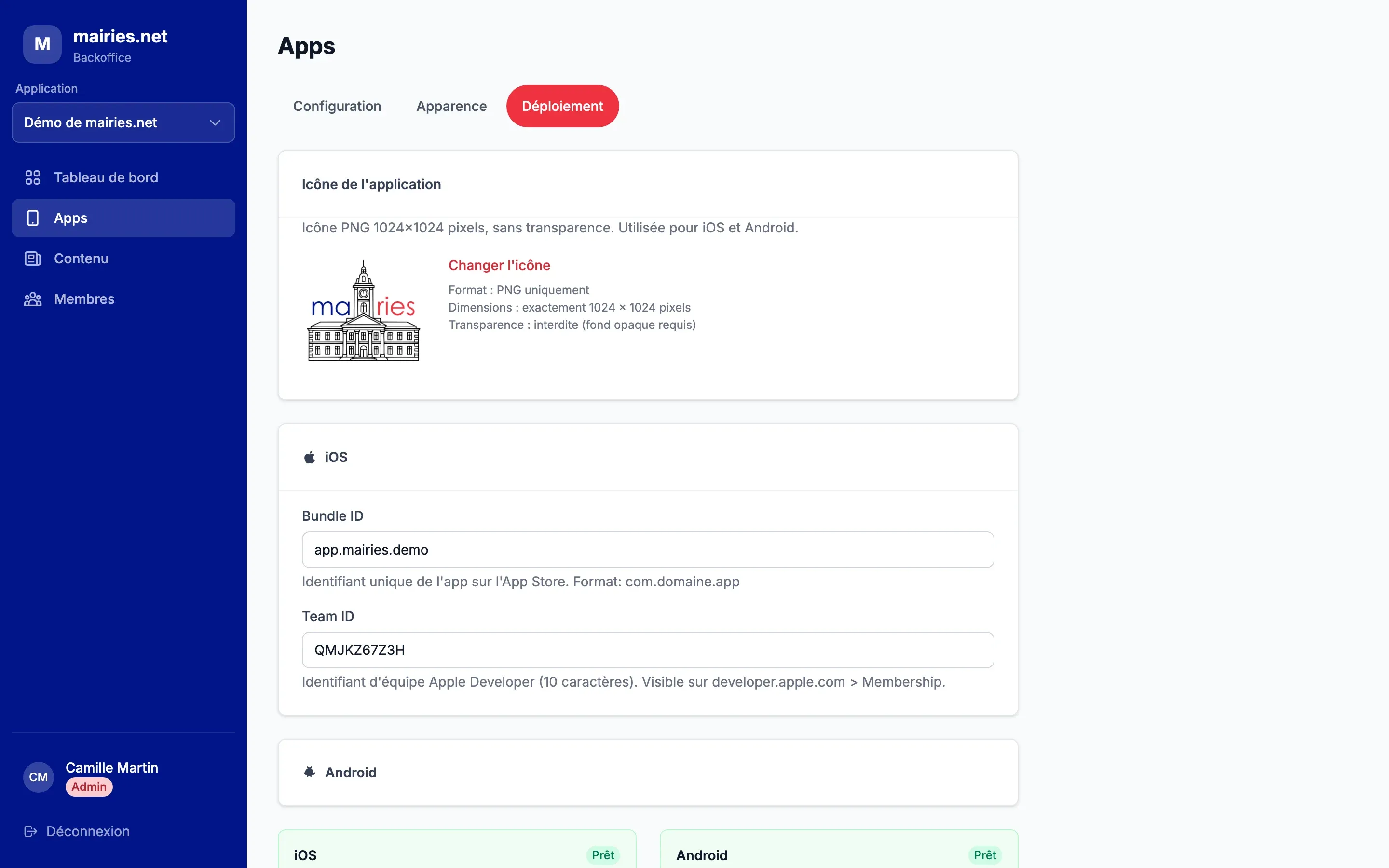 L’onglet « Déploiement » avec l’icône de l’application, les identifiants iOS et Android et les indicateurs « Prêt »