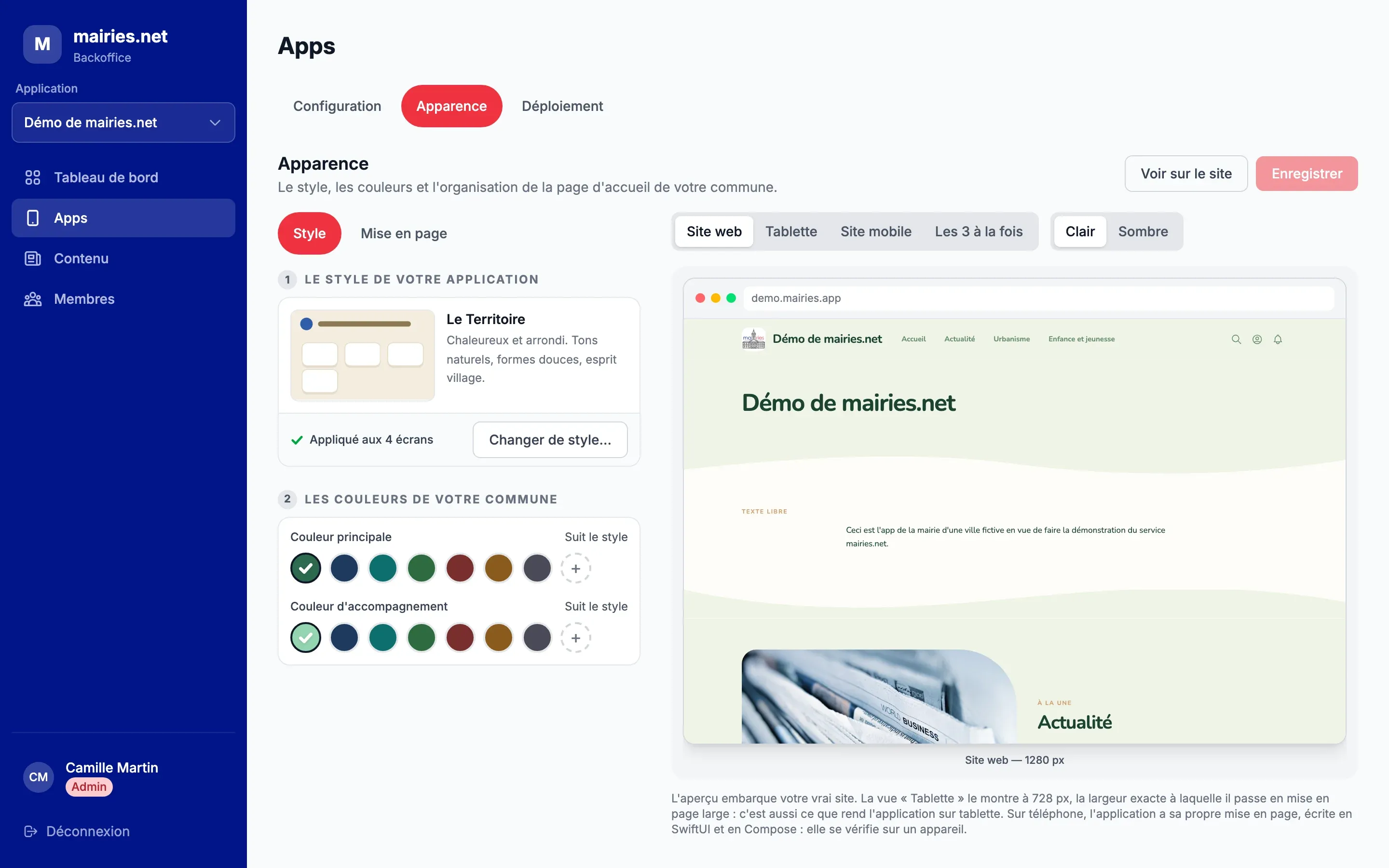 L’écran « Apparence », onglet « Style » : le style « Le Territoire », les couleurs de la commune et l’aperçu du site à droite