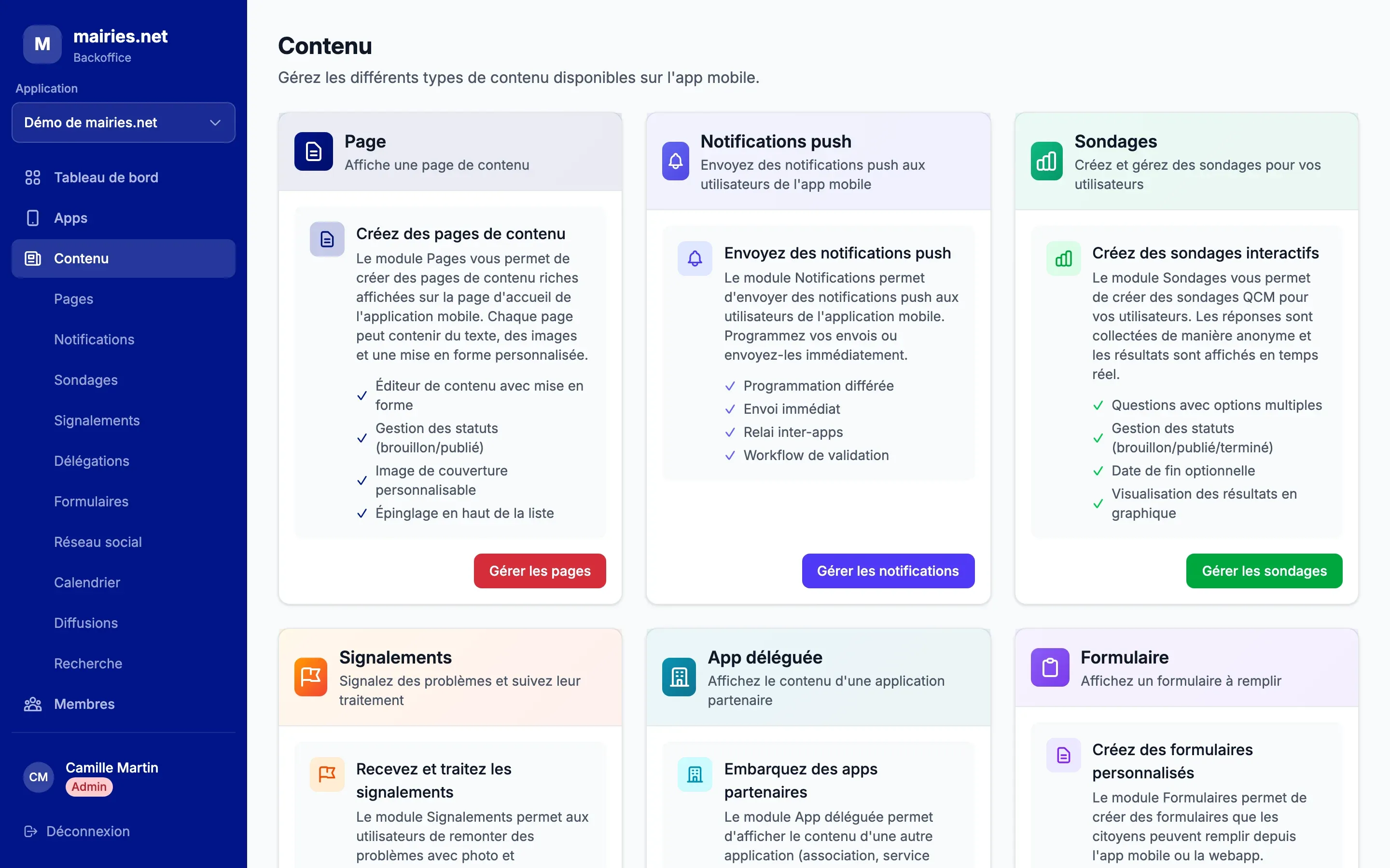 La page Contenu du backoffice, avec une carte par module