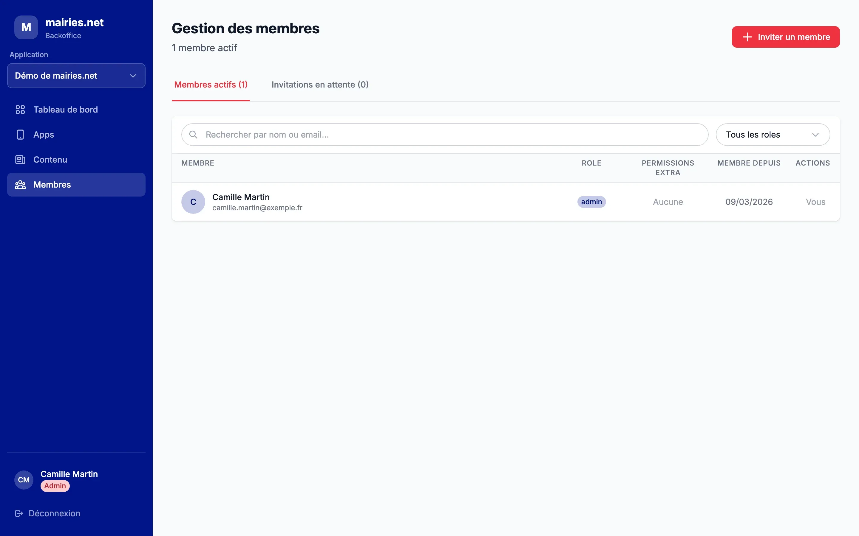 La page « Gestion des membres » avec les onglets « Membres actifs » et « Invitations en attente » et la liste des membres