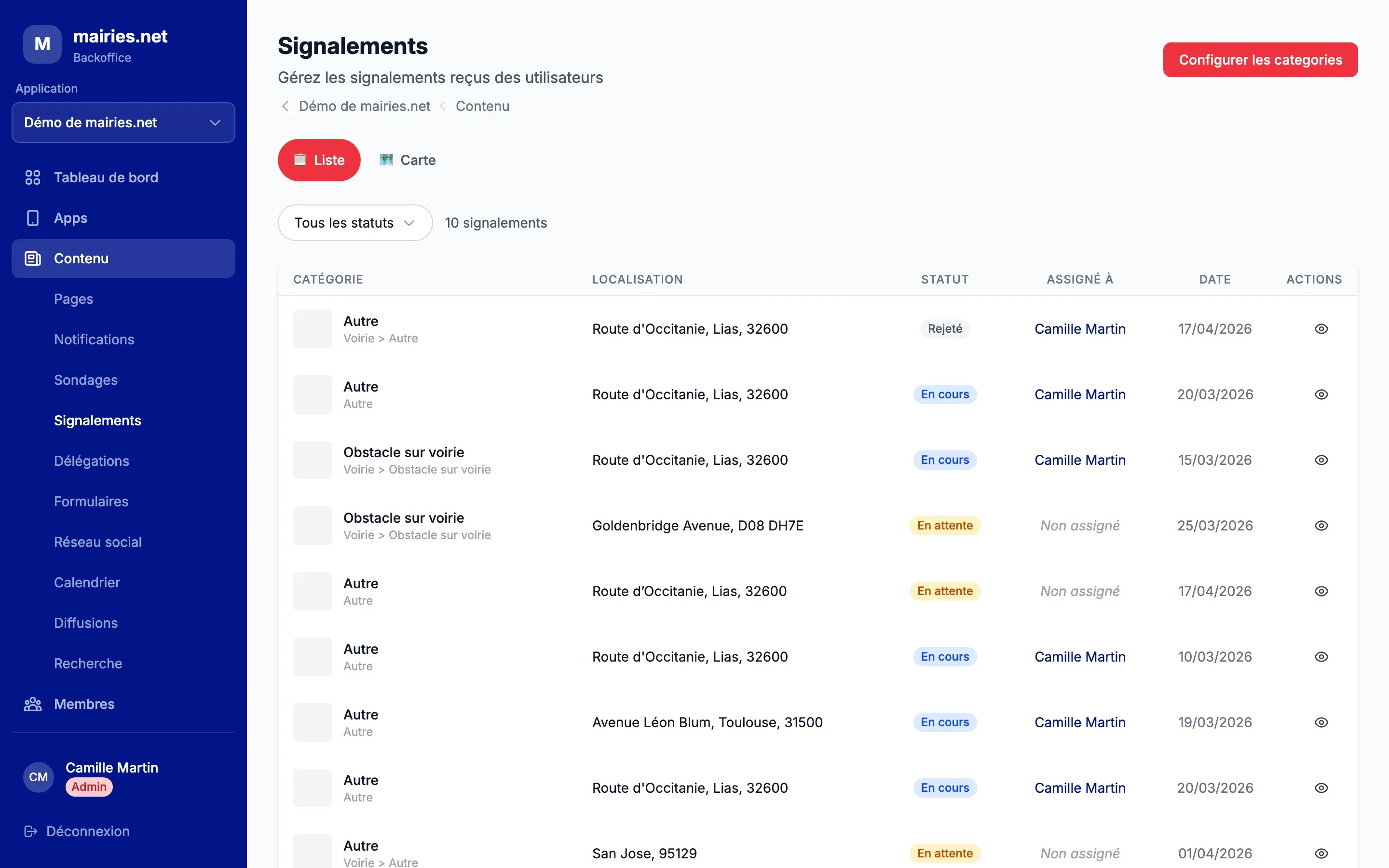 La liste des signalements