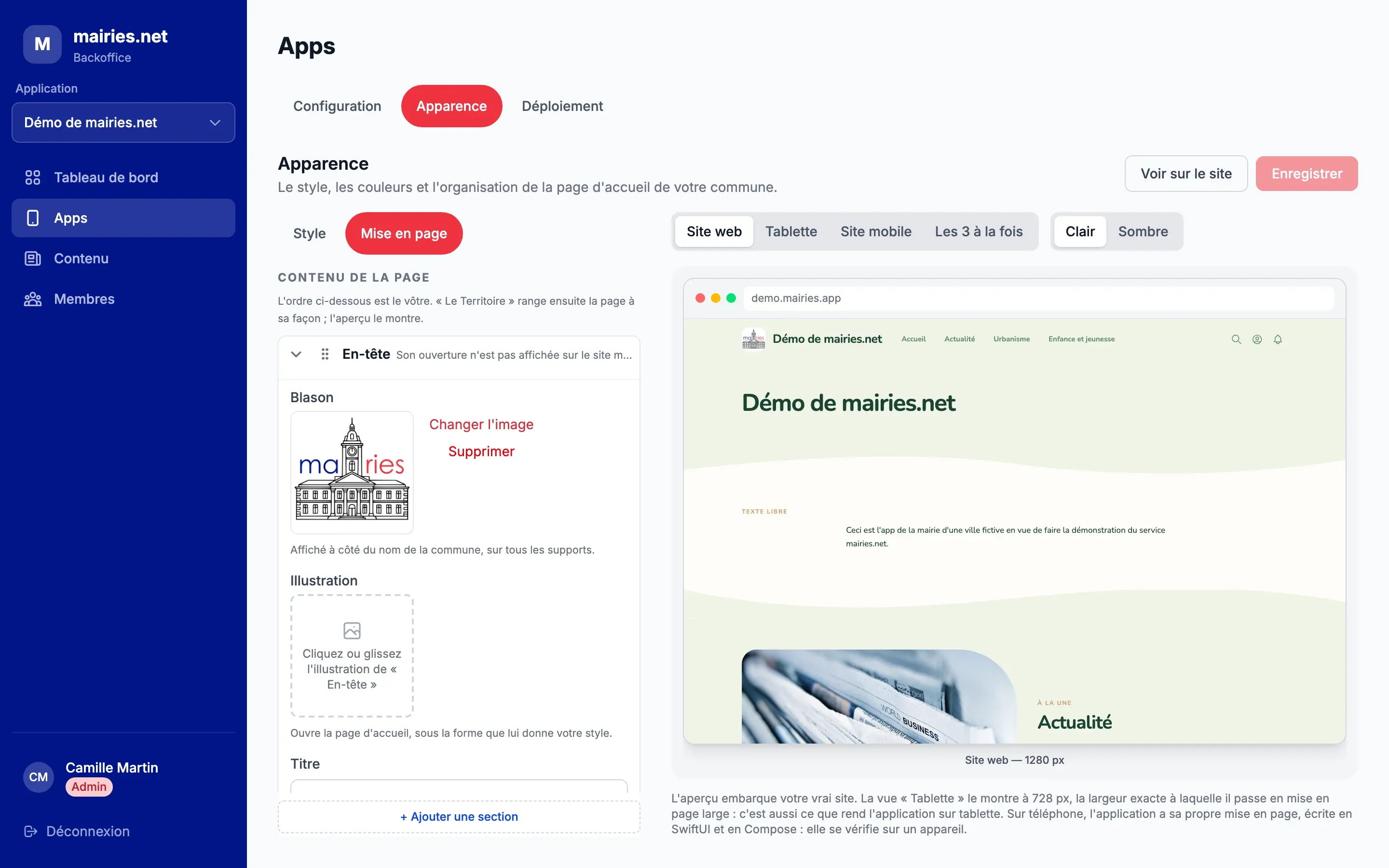L’aperçu du site dans l’écran « Apparence », vue « Site web » en couleurs claires
