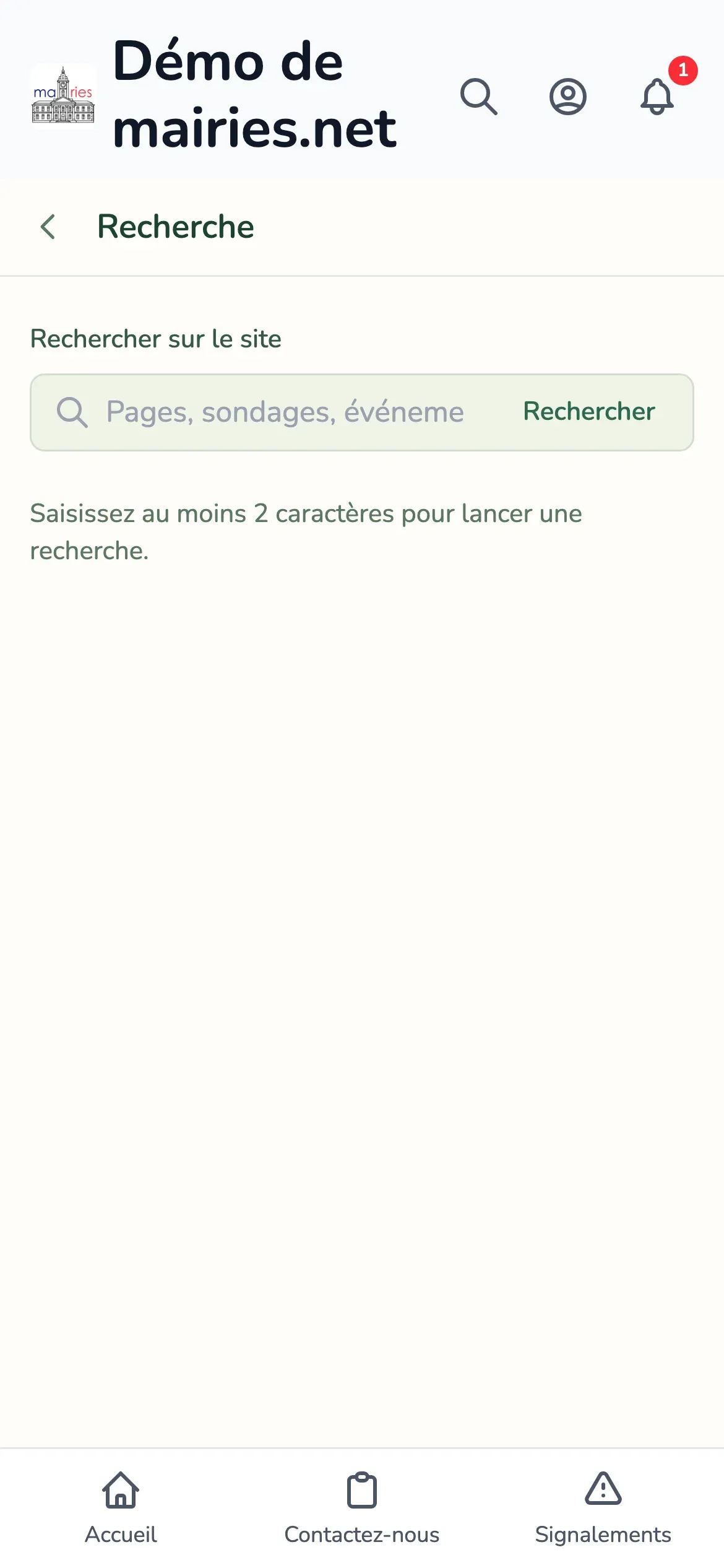 L’écran de recherche, avec le champ « Pages, sondages, événements... » et le bouton « Rechercher »