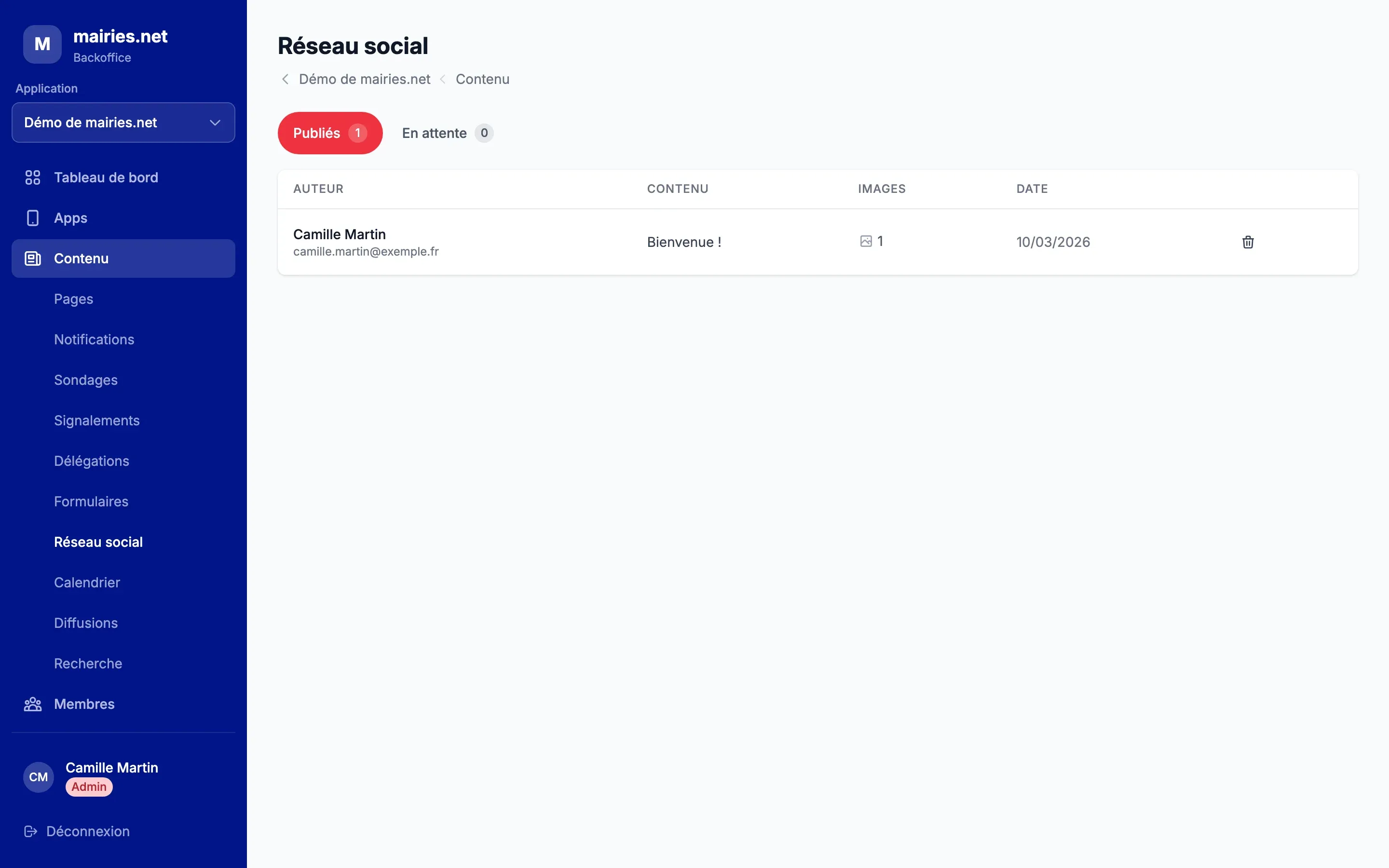 La page Réseau social du backoffice, avec les onglets Publiés et En attente