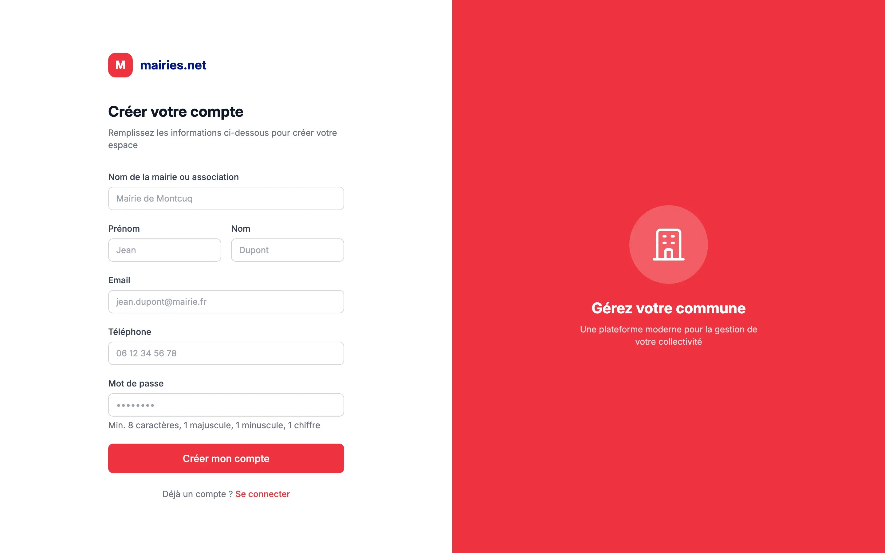 Le formulaire « Créer votre compte » avec le nom de la mairie, le prénom, le nom, l’e-mail, le téléphone et le mot de passe