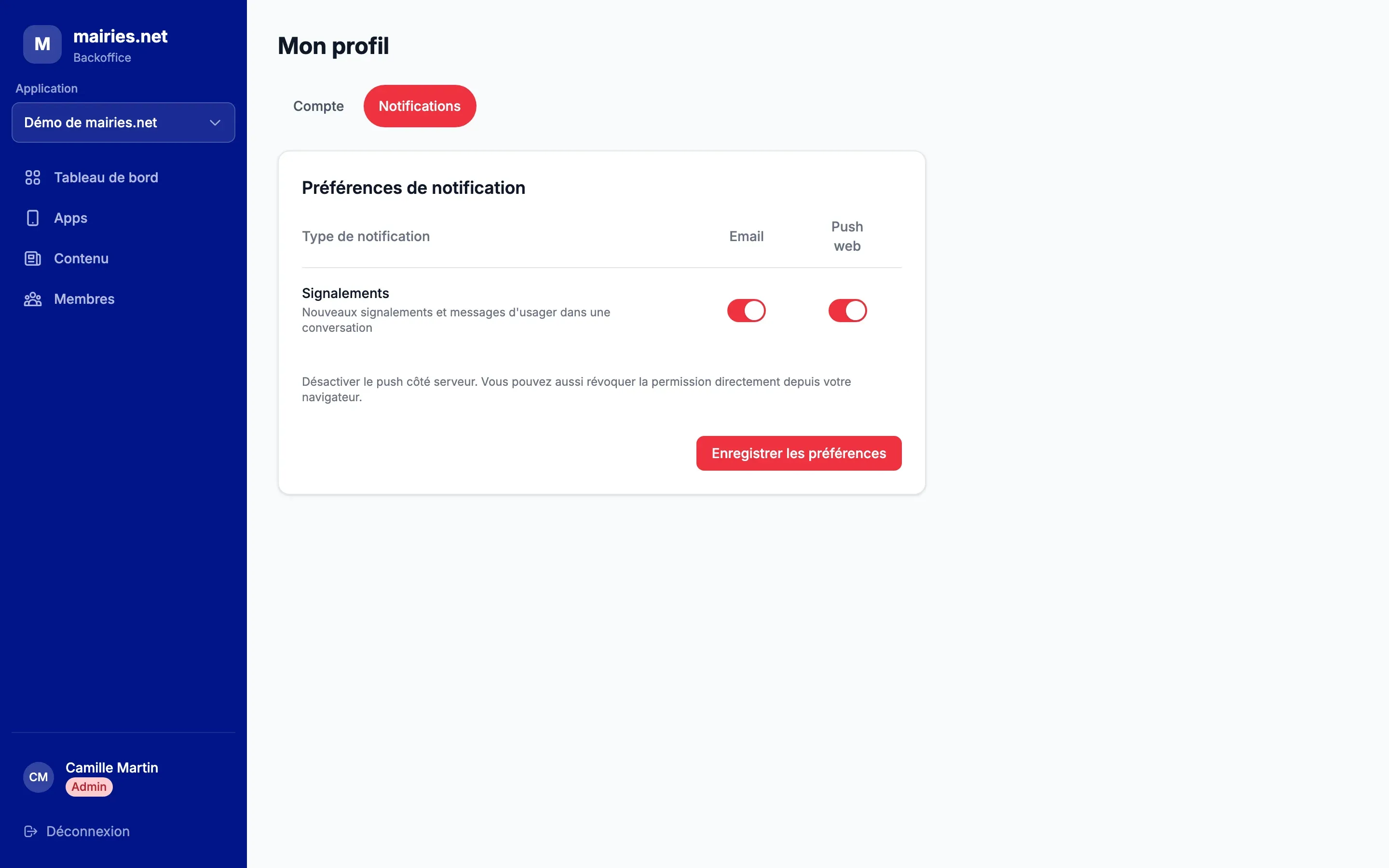L’onglet « Notifications » avec le tableau des préférences : Signalements, par Email et par Push web