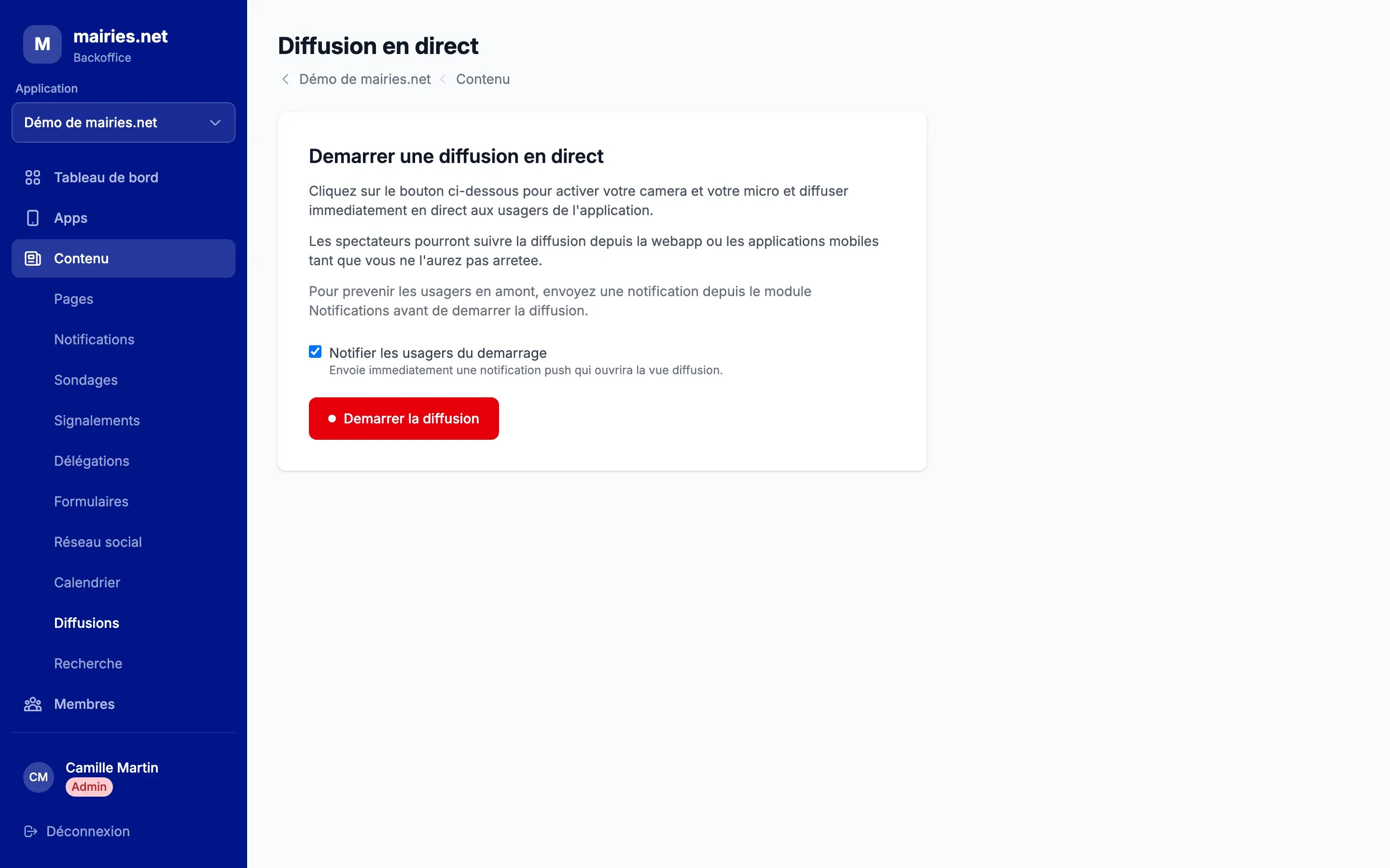 La page Diffusion en direct, avec la case Notifier les usagers du démarrage et le bouton Démarrer la diffusion