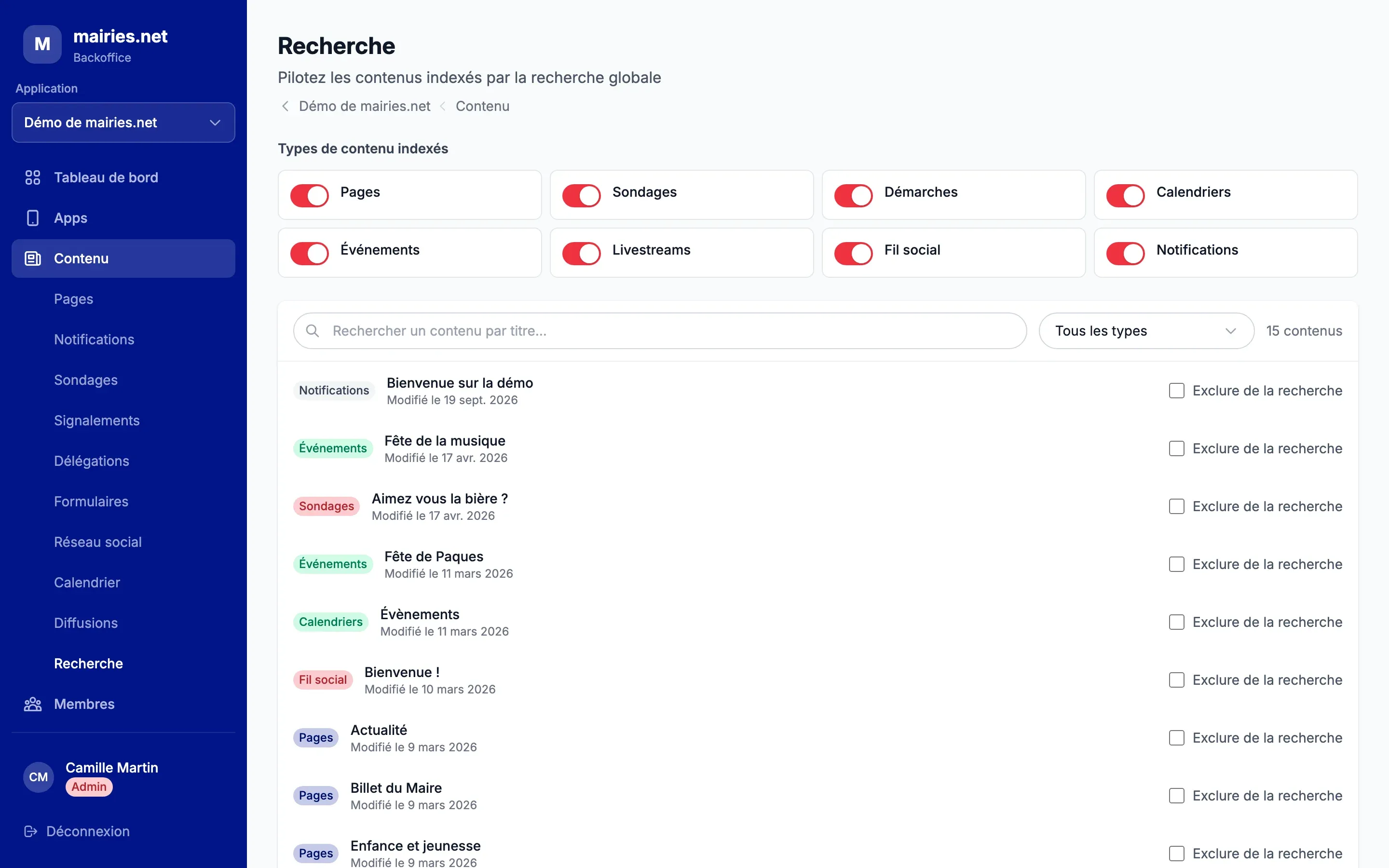 La page Recherche du backoffice, avec les interrupteurs par type de contenu et la liste des contenus