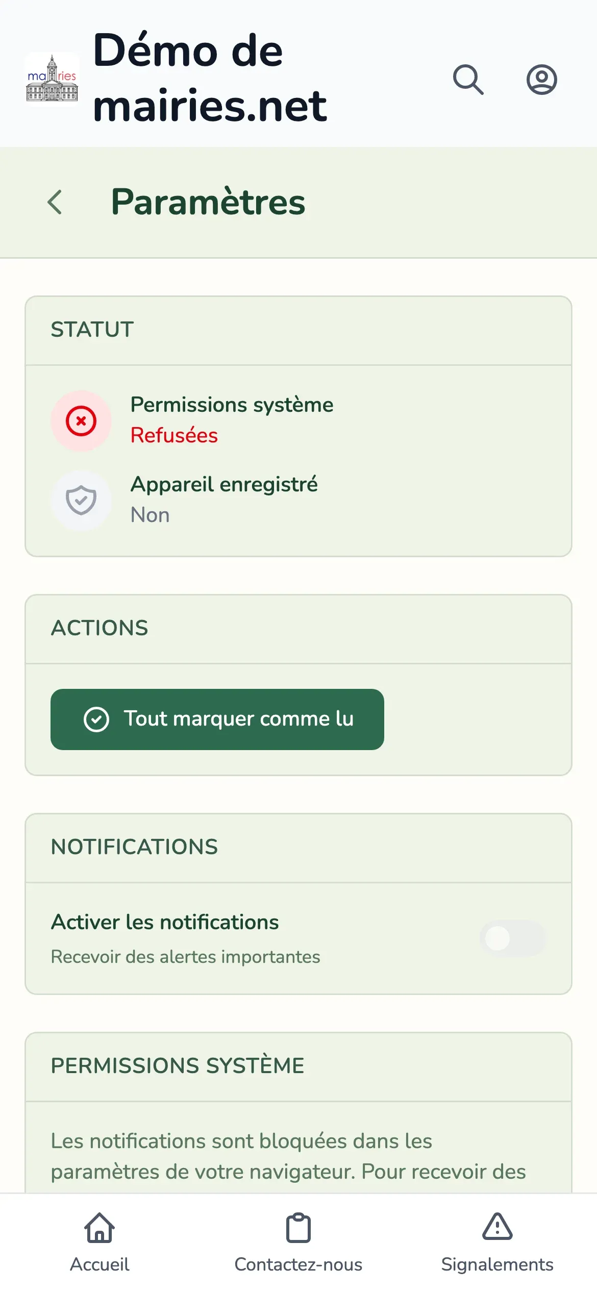 L’écran de réglages des notifications dans le navigateur : statut des permissions, bouton « Tout marquer comme lu » et interrupteur « Activer les notifications »