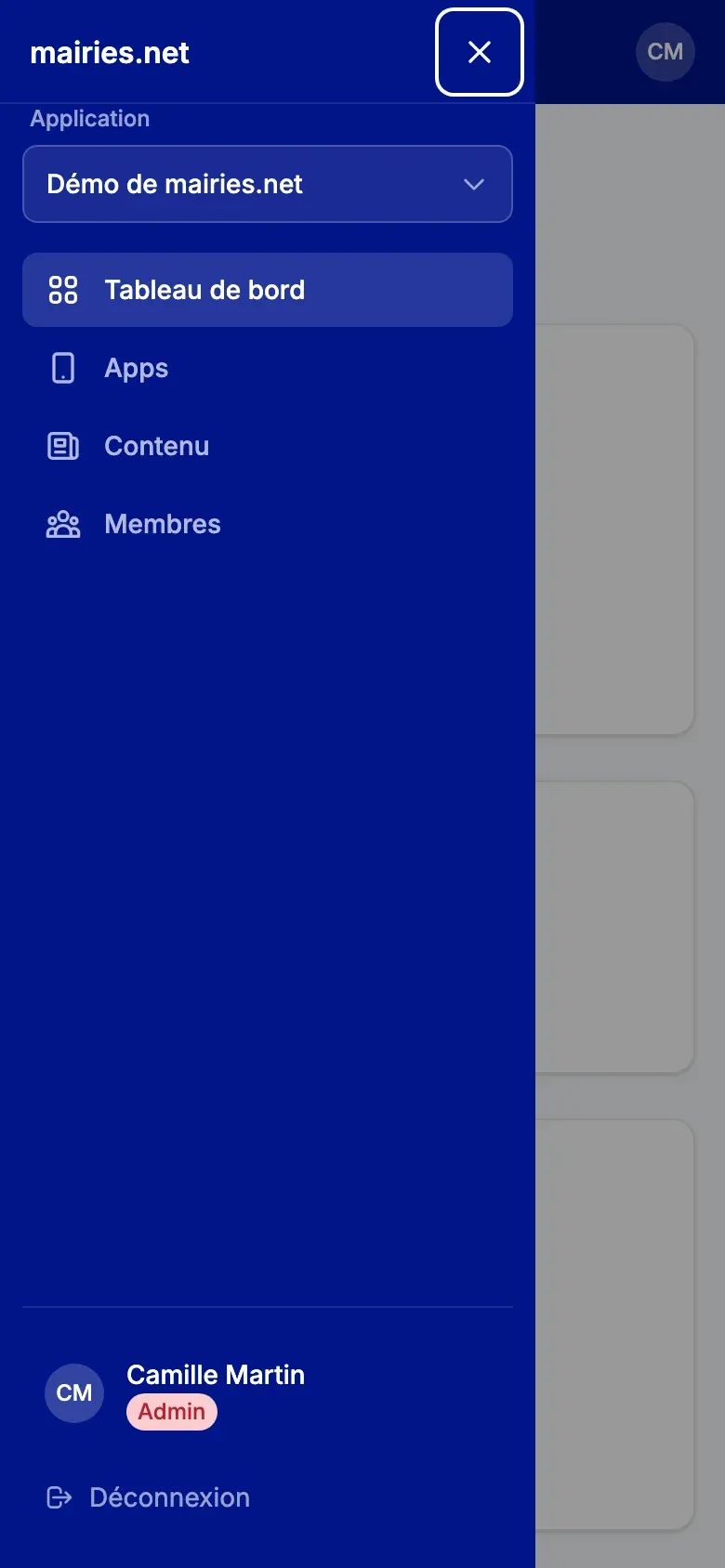 Le backoffice sur téléphone, menu ouvert